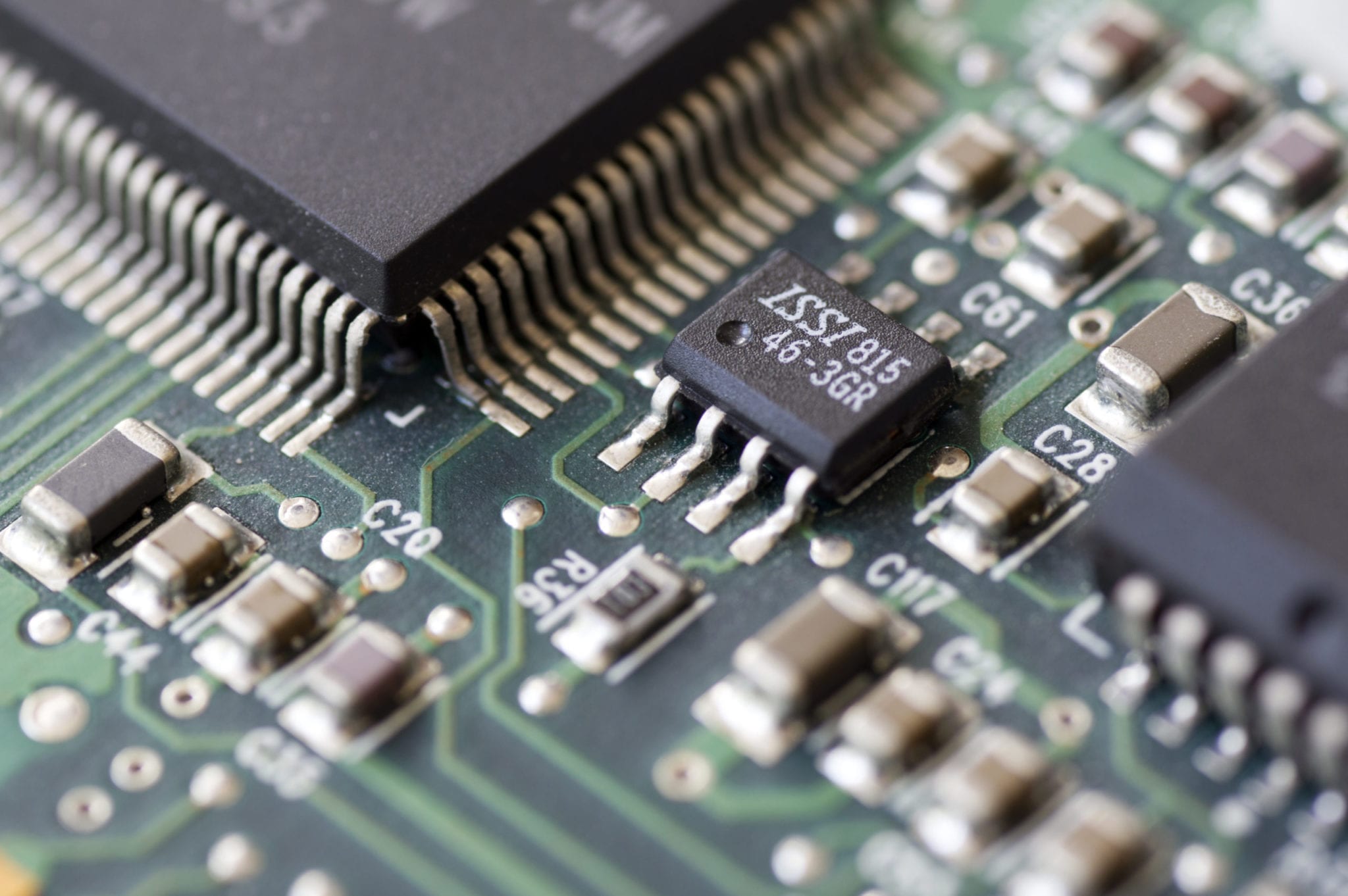 electronic circuits Closeup of a printed circuit board with components such as integrated circuits